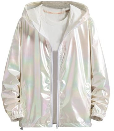 UHouse Jacke Herren Angebote Karneval Kostüm Glitter Disco Outfit 80er Jahre Party Herren-Jacken Glänzende Sportjacke mit Kapuze Vintage Kapuzenjacke Bunte Softshelljacke Weiß M