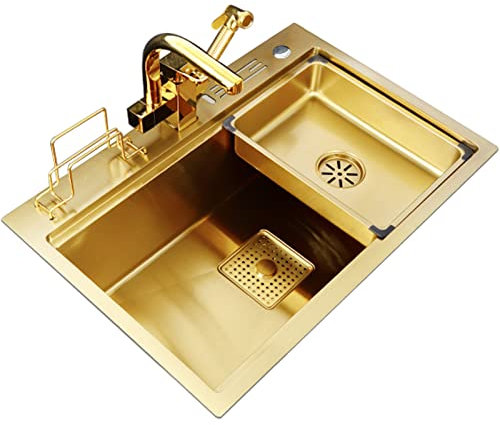 Fregadero de Cocina de un Solo Cuenco Dorado, para empotrar o bajo encimera, para Bares, Balcones, RV, Fregadero con Grifo, Tabla de Cortar y Kit de Drenaje, Dorado, 80 x 46 x 22