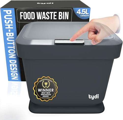 Tydi 4.5L Kitchen Compost Bin (2 Pack) – Food Waste Caddy with Lid – Small Indoor Waste Bin for Countertop or Cupboard – Press Button Design with Anti-Slip Base - Dark Grey