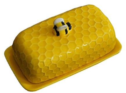 Beurrier jaune en forme de nid d'abeille en céramique avec couvercle