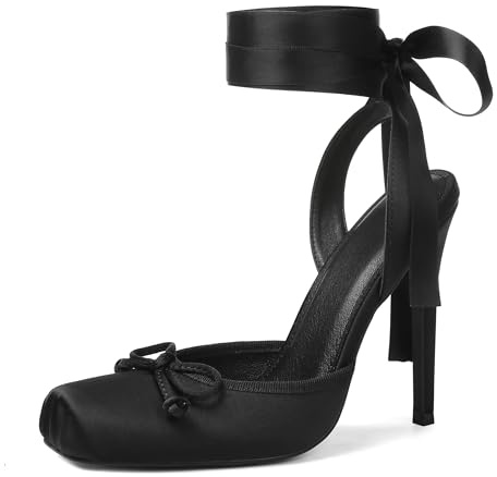 Celbreez Ballett-Absätze, Satin, Stiletto-Absätze für Damen, enganliegend, quadratischer Zehenbereich, Slingback, Schleife, Schnürung, hoher Nudeabsatz, Damen-Pumps mit Riemchen, Mary Jane