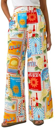 Roman Originals Sunshine Print Wide Leg Trouser for Women UK - Ladies Everyday Holiday Spring Summer Comfy Soft Evening Vacation Work Party - Ivory Multi - Size 20