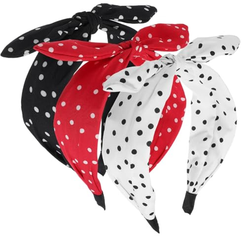 Lot de 3 bandeaux avec nœud pour femme – Bandeau large à pois, bandeau noué pour femmes et filles, bandanas en noir, blanc, rouge, accessoires pour cheveux des années 1950