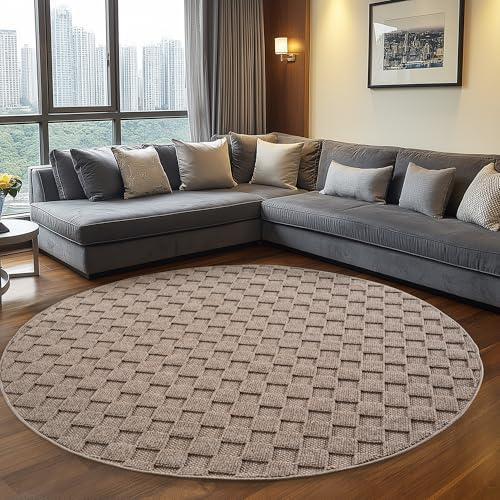 Teppium Teppich Rund 80 cm Beige Karo Design Bouclé Schlingenflor Skandi Stil Modern Weich Strapazierfähig Pflegeleicht runder Teppich für Wohnzimmer Beistelltisch Schlafzimmer