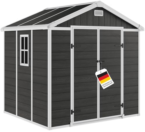 STEELSØN Novara Gerätehaus 230x200 cm, Dunkelgrau Holzoptik, Satteldach | Gartenhaus 226,5x200x230 cm (HxTxB), Gartenschuppen mit Fenster, Geräteschuppen, Gartenhütte wetterfest & rostfrei, Schuppen