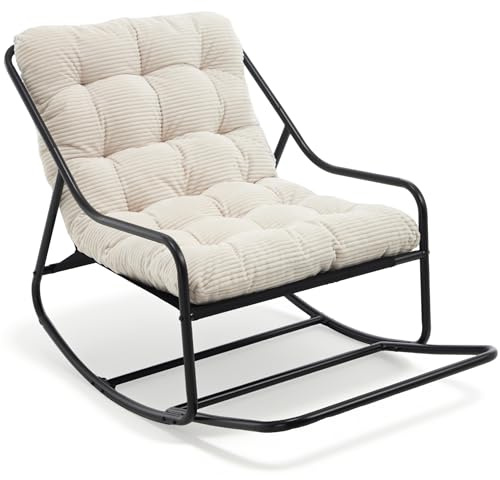 SEEDWAVE Schaukelstuhl mit Fußrest, robustem Stahlrahmen, weichem Cushion & rutschfesten Schutzpads – stilvoller Loungesessel & Liegestuhl für Garten, Balkon & Outdoor (Cremeweiß, Cord)