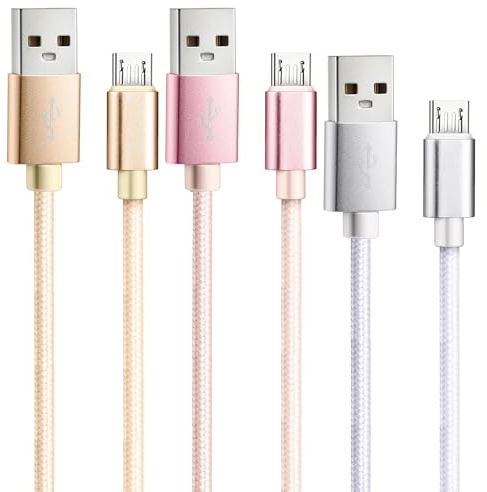 Micro USB Cable [3P 1M+2M+2M] Fast Android Micro USB Charger Braided Micros USB Compatible with Ps4 Controller Samsung S7 J7 J5 J6 J3 Htc Lg Xperia Kindle Fire Etc(White/Pink/Golden)