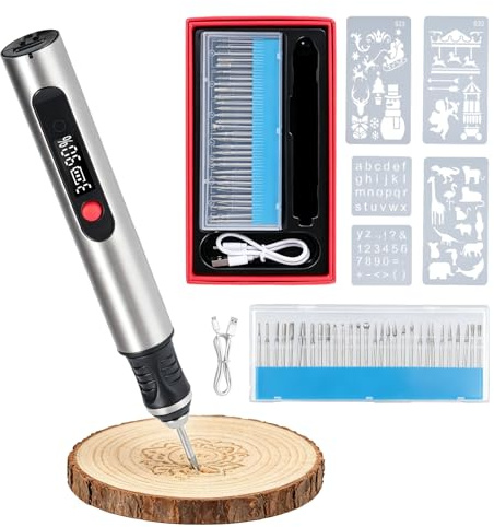 Stylo Graveur Électrique San Fil, Mini Outil Graver avec 30 kits et écran LED, Graveur Rotatif de Bricolage Portable 3 vitesses Pour Bijoux Verre Plastique Bois Métal
