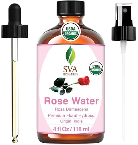 SVA ORGANICS Acqua di rose, certificata USDA (118 ml) 4 Oz- 100% pura e naturale, acqua di rose spray rinfrescante | Cura della pelle, bagno, saponi, cura dei capelli, aroma naturale di rosa