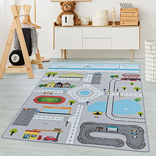 Carpetsale24 Kinderteppich Straßenteppich Lernen und Spielen Grau 80 x 120 cm Läufer - Kurzflor Teppich Kinderzimmer für Jungen und Mädchen Pflegeleicht - Waschbar Spielteppich Babyzimmer Babyteppich