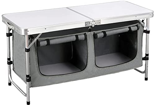 WOLTU faltbar Campingschrank Alu Campingtisch Höhenverstellbar mit Stauraum, Outdoor Campingmöbel Klapptisch Gartentisch für Picknick Strand im Freien, Weiß+Grau