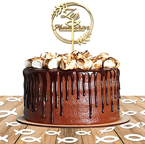 1 Stück Zur Kommunion Torten Topper, 45 Pcs Holz Fische Streudeko, Taufe Holz Cake Topper Kommunion, Taufe Konfirmation Kommunion Tortendeko