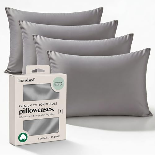 linensland® - 4 Pack Egyptian Cotton Pillow Cases - 250 Thread Count, Premium Hotel Quality, Soft & Breathable, Envelope Closure Pillowcases - Standard Size (50x75 cm), Charcoal