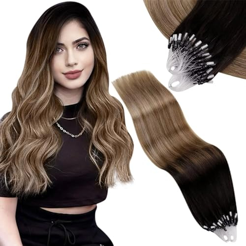 Vivien Echthaar Microring Extensions Balayage Remy Extensions Echthaar Micro Ring Ombre Braun bis Blond Menschliches Haar 45cm 50g 1g/Strang