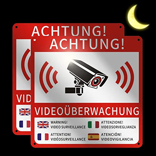 Goodvia DSGVO Videoüberwachung Schild Selbstklebend Klein Metall Aluminium mit Aufkleber und 4x Bohrlöcher 7.8x7.8'' 2 Stück