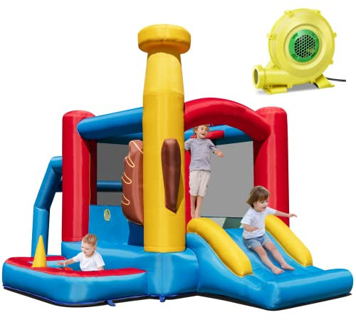 COSTWAY Kids Bouncy Castle, Inflatable Bounce House with 680W Blower, Slide, Basketball Hoop, Ball Pit, Children Blow Up Jumper for Indoor Outdoor