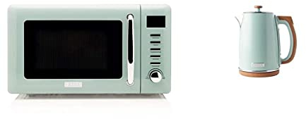 Haden Cotswold Sage Green Microwave - 20ltr Capacity - 800W Microwave - Digital Controls - 60 Minute Timer & Dorchester Digital Variable Temperature Kettle, Fast Boil, 3000W, 1.7Litre, Matt Sage Green