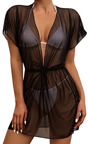 ROSVAJFY Women Sheer Mesh Bikini Cover up,Sexy Summer Transparent Drawstring Blouse Swimsuit Beach Dress,Deep V Neck Short Sleeve Beachwear Wraps,Loose Babydoll Lingerie Tops Nightdress(Black)