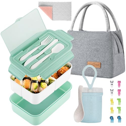 KAIFTEK Bento Lunchbox für Kinder, Bento Box Erwachsene Lunchbox auslaufsicher für Kinder Kleinkind Teenager Schule, Lunchbox Behälter langlebig mit Lunch-Tasche, Becher, Löffel, Gabeln, Geschirrtuch