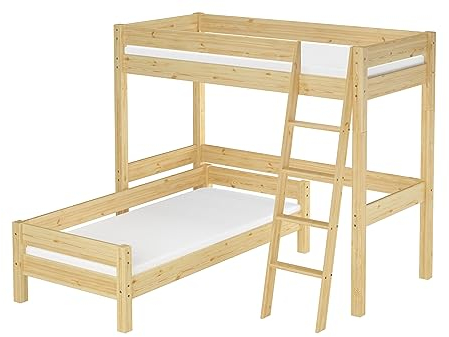 Erst-Holz®Hochbett für Kinder + Einzelbett 90x200 Kinderbett Stockbett Kiefer massiv V-60.20-09-2-20ZRollrost und Matratze inkl.