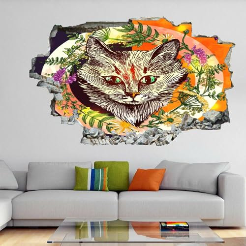 3D Wandaufkleber, Katze Durchbruch Wandtattoos Deko Wand Selbstklebend Mandala-Cartoon, Wand Aufkleber Wanddurchbruch Wandsticker für Zuhause, Badezimmer, Schlafzimmer, Wohnzimmer 67x45cm