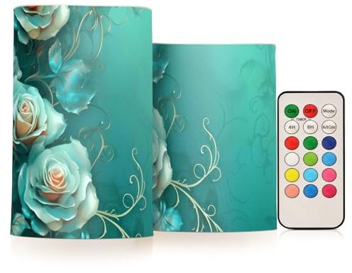 senya Teal Lights Flameless Candles Vintage Turquoise Green Roses Pillar Candles Set of 2 Battery Operated Remote Control Warm Lights Home Decor