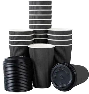 12 oz Black Disposable Kraft Paper Ripple Cups with Lids - Pack of 50 Insulated Triple Wall Takeaway Drinking Cup - Great for Coffee, Tea, and Hot Drinks - Reusable, Leak Proof Travel or Office Cups