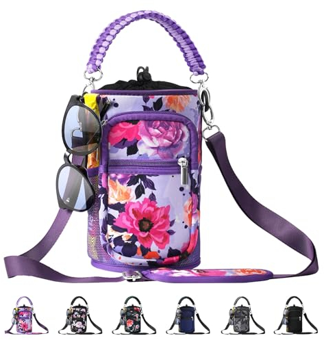 AceTreker Porte-bouteille d'eau en néoprène avec sangle et 4 poches pour bouteille d'eau isotherme en métal, sac de transport pour camping, voyage, rose violette