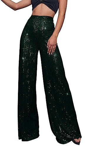 Generic Pailletten Hose Damen Gold-Glitzer Hose Lang Metallic Hose Lang High Waist Baggy Jogginghose Weites Bein Sommerhose Locker Weite Hose Große Größen Paillettenhose Metallic Hosen Büro Pants