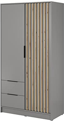 BETTSO - Nelly - Kleiderschrank - 2 Drehtüren, 2 Schubladen, Fächern und Kleiderstange - Lamellen/Gerillt - für Garderobe, Flur, Schlafzimmer - Modern - Matt Grau