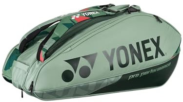 Yonex Pro Schlägertasche, 9 Stück, Multi-Fächer, 9 Schläger-Tennisausrüstung, Rucksack-Trageriemen/Haltegriff, Olivgrün