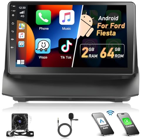 Podofo 2G+64G Autoradio für Ford Fiesta 2009-2014 – Kabelloses Carplay & Android Auto, 9 Zoll Android 13 Autoradio mit Bluetooth/HiFi/WLAN/GPS/RDS + Rückfahrkamera & Mikrofon, Schwarz