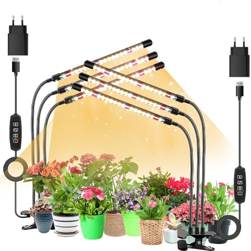 2 Pack Lámpara para plantas, lámpara de crecimiento de 3 cabezales, luz de crecimiento de espectro completo para plantas de interior, luz para plantas con temporizador de encendido/apagado de 3/9/12h