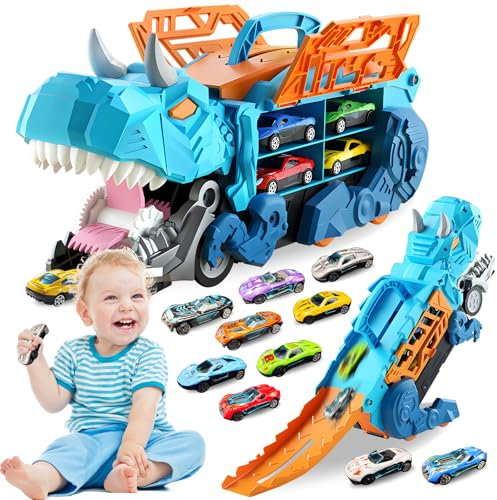 Pardofelis Camion Transporteur Voiture Dinosaure, Jouet Portable avec Piste de Course Éjectable et 10 Mini Voitures, pour Enfants de 3 4 5 6 Ans Enfants GarçOns Cadeau