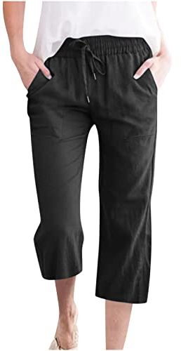AEGJEGVD Leinenhose Damen Sommer 3/4 Gerades Bein Bequeme Stoffhose Leicht Einfarbig Strandhose mit Kordelzug und Taschen Baumwolle Leinen Stoffhose Bequeme Luftige Freizeithose Sommer Palazzo Hose