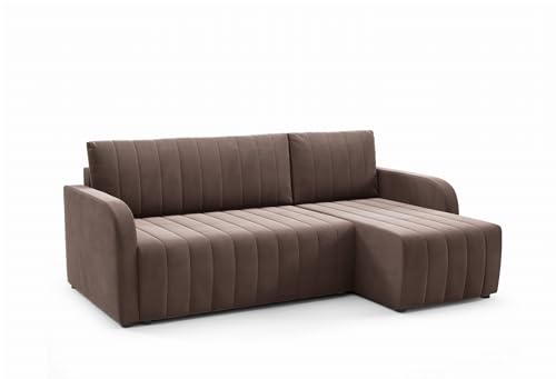LIKMA Ecksofa Otto L-Form 224 cm Braun Moderne Sofas & Couches - Velvet Sofa mit Schlaffunktion - Schlafsofa mit Bettkasten - Wohnlandschaft mit Bettzeugbehälter, Stoff: Jasmine 28