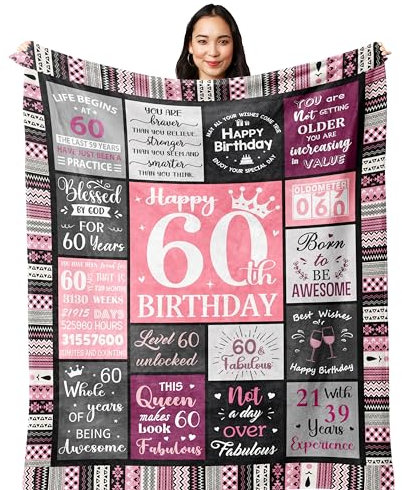 Yesbird 60th Birthday Gifts for Women Blanket 150x130CM, Ladies 60th Birthday Gifts Ideas, Happy 60th Birthday Gifts for 60 Year Old Woman, 1965 Birthday Gifts for Women Throw