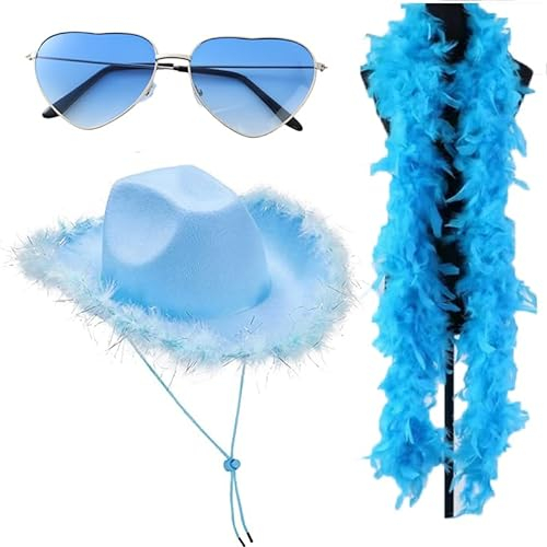 Cowgirl-Hut, Cowboyhüte mit Federboa, herzförmige Sonnenbrille für Damen, flauschige Federkrempe, Cowboyhut für Cosplay, Halloween, Kostüme, Junggesellinnenabschied, Blau (Blaue Federboa, 3 Stück)