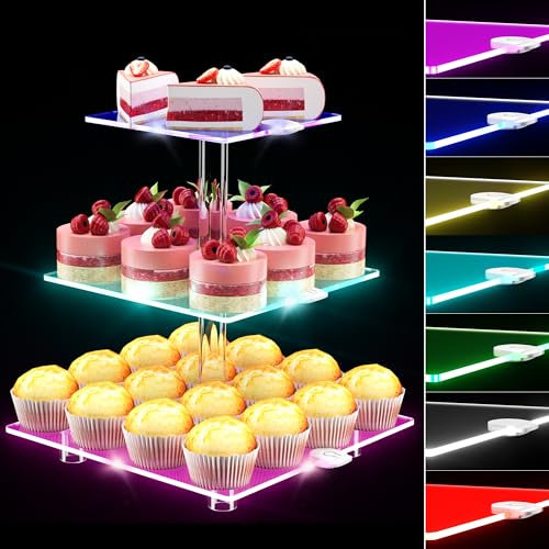 LED-Cupcake-Ständer aus Acryl, 3 Etagen, mit wiederaufladbarem Licht, transparenter Cupcake-Turm-Ständer für 24 Cupcakes, 7 Farben, Cupcake-Ständer für Hochzeiten, Geburtstage, Partys, Abschlussfeiern