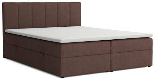 Boxspringbett 140x200 mit Bettkasten, Lisa Doppelbett Braun Velourstoff | Bett 140x200, Doppelbett mit Komfortschaumkern-Topper (2 cm) für extra Liegekomfort