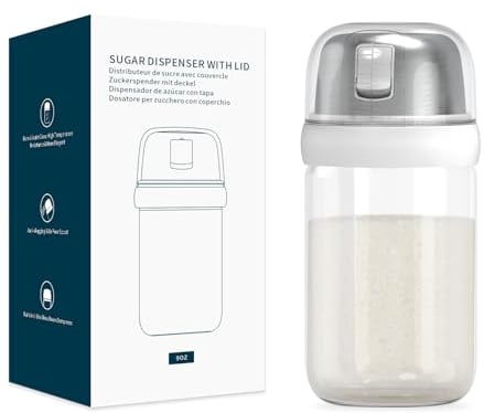 KITCHENDAO Glass Sugar Dispenser with Side Pour Spout, Built-in Lid to Slow Down Dampness with Measuring Marks, Elegant Borosilicate Glass Sugar Shaker for Coffee Bar, BPA Free,9oz (White)