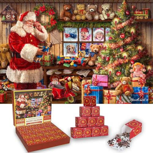 CORJEEJOR Christmas Advent Calendar 2024 Christmas Jigsaw Puzzles 1008 Pieces for Adults Kids Christmas Countdown Calendar 24 Boxes Santa Claus Jigsaw Puzzles for Christmas Home Decoration