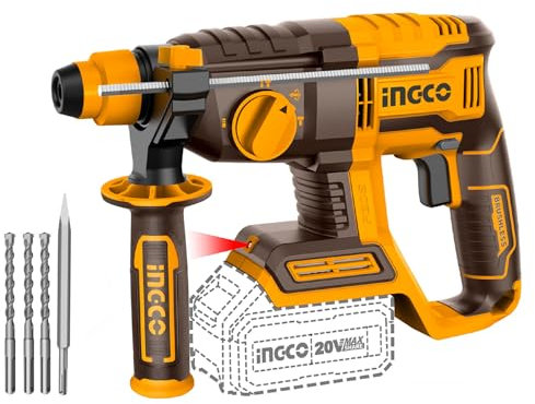 INGCO Marteau Perforateur Sans Fil 20V (Produit Seul), Moteur Sans Balais, Φ22MM Dans le Béton, SDS-Plus, 2.0J, 4 Fonctions, 1100 tr/min, 5400bpm, avec 3 Forets et 1 Burin CRHLI20208