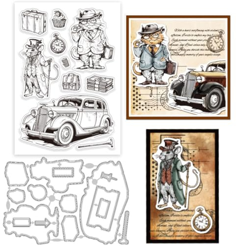 GLOBLELAND Klare Stempel „Gentlemen“ Mit Katze Und Maus Retro Stanzformen Set Mit Tierrahmen Silikon Transparentstempel Und Metall Stanzungen Für Die Kartengestaltung Und DIY Prägungen Scrapbooking
