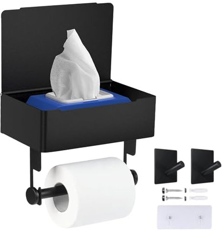 Toilet Roll Holder with Shelf, HISAMGO Black Toilet Paper Holder with Storage Box Self-Adhesive Toilet Wipes Dispenser Wall Mounted for Bathroom Washroom Toilet Kitchen (Black)