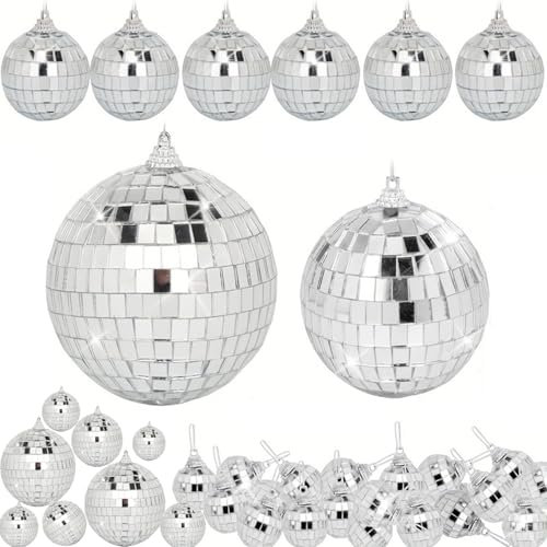 10Pcs Mini Disco Balls Decorations, 7Sizes Mirror Ball with Hanging String Mirror Disco Ball 50's 60's 70's Disco Party Hanging Decoration Baubles Reflective Mirror Ball Cake Decoration for Christmas