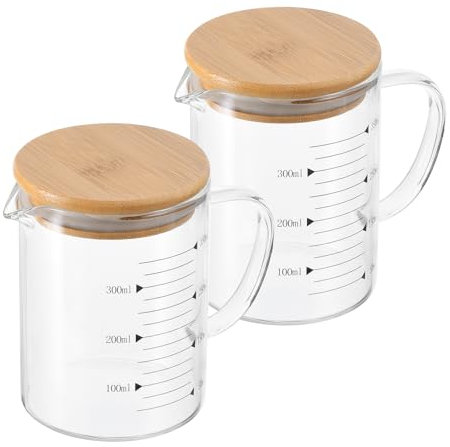 PATIKIL 350ml Glass Measuring Cup, 2 Pack 3.3 Borosilicate Glass Graduated Black Printed Scale Liquid Measure Cups Beaker with Wood Lid and V-Shaped Spout for Kitchen