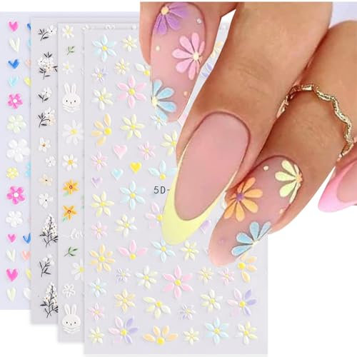 Sticker Ongle Fleur, 4pcs Stickers Ongles Marguerite, Autocollant Ongle Fleurs, Fleur 3d Nail Art, Autocollant à Ongles Auto-Adhésifs, Parfaits pour la Décoration de Nail Art de Printemps DIY