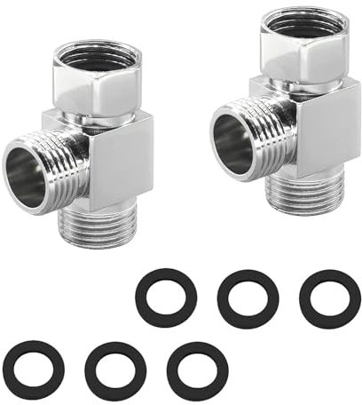 2 PCS 3 Way T Shape Adapter, Shower Diverter Valve G1/2 Shower Hose Connector Tap to Shower Adapter Anti-Rust Shower Splitter Brass T-Joint Connector with 3 Washers