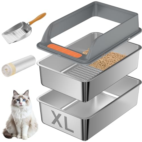 Rostfritt stål siktning kattlåda med lock, XL extra stor siktning kattlåda för tallpellets och stora katter, metallpellets siktsystem för luktkontroll, siktlådfoder och skopa